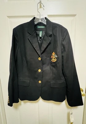 Blazer Lauren Ralph Lauren Negro Algodón Elástico con Escudo Botones Dorados Wms XL Nuevo Foto 1 de 4