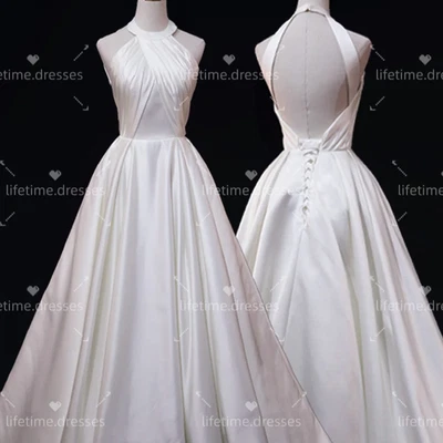 Silk Satin Wedding Dresses White Ivory Lace up Halter Neck Vintage Bridal Gowns - Image 1 of 4