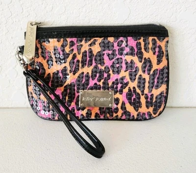 Betsey Johnson Cheetah Punk Print with Sequins Wristlet, Orange Pink Black - Image 1 of 4
