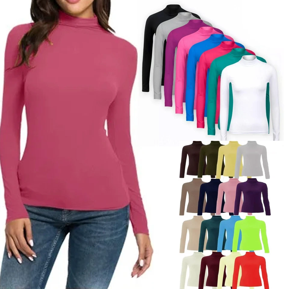 Womens Plain Long Sleeve Turtle Polo Neck Top Ladies Roll Neck Top Jumper 8-26 - Image 1 of 1