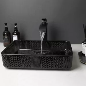 Bathroom Tempered Glass Vessel Basin Sinks Bowl & Brass Mixer Faucet& Drain Sets - Picture 1 of 10
