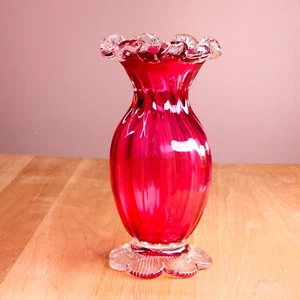 Vintage Cranberry Art Glass Vase (Chalet), Ruffled Clear Collar and Base, 1970s - Picture 1 of 8
