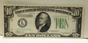 1934 US FRN $10 Green Seal L25952608A VF Light Staining - Picture 1 of 2