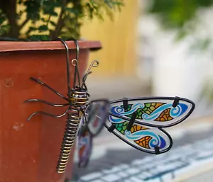 Libelle Pflanze Topfaufhänger Glasflügel Federschwanz hängen Gartenornament Kunst - Bild 1 von 2