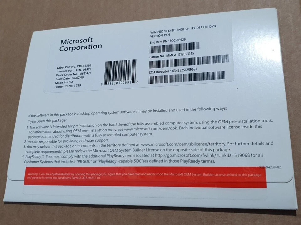 4 x Microsoft Windows 10 Pro 32/64Bit Operating System Builder License English - Image 1 of 1