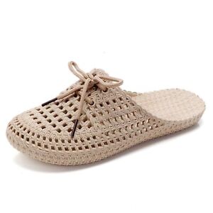 Women Summer Weave Hollow Out Lace Up Surface Flat Beach Casual Slippers Sandals