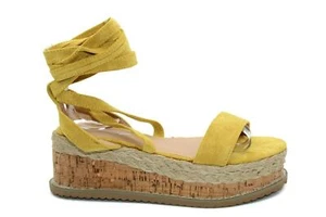 Womens Ladies Lace Up Flatform Cork Espadrille Platform Wedge Sandals Shoes - Picture 1 of 9