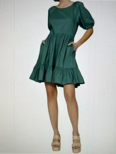 Peter Som Puff Sleeve Ruffle Trim Open Back Mini Dress in Green Size 4 - Picture 1 of 12