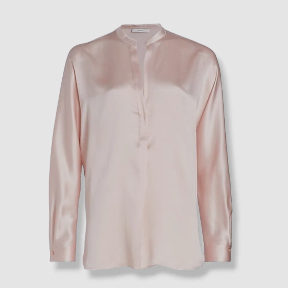 Vince Womens Pink Silk Band Collar Long Sleeve Blouse Top Size M