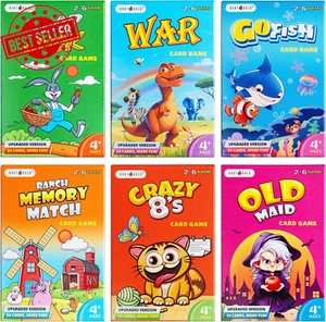 6-in-1 Classic Kids Card Games Pack, Go Fish, Old Maid, Crazy Eights, Memory - Picture 1 of 6