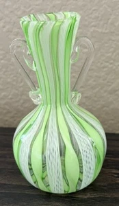 Vtg Murano Venetian Glass Green White Zanfirico Latticino Adventurine Mini Vase - Picture 1 of 4