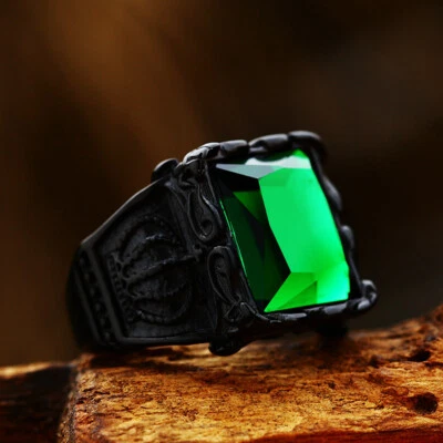 Anillo de boda retro corona verde circonita cúbica acero inoxidable vintage para hombre anillo negro Foto 1 de 3