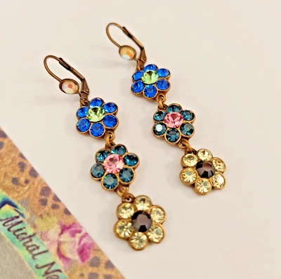 Pendientes Michal Negrin Azul Colorido Cristales Largos Flor Pasarela Declaración 2.5" Foto 1 de 4