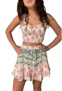 Katie J NYC Pink Blue Floral Lace Trim Ruffle Skirt Girls Size Medium - Picture 1 of 7