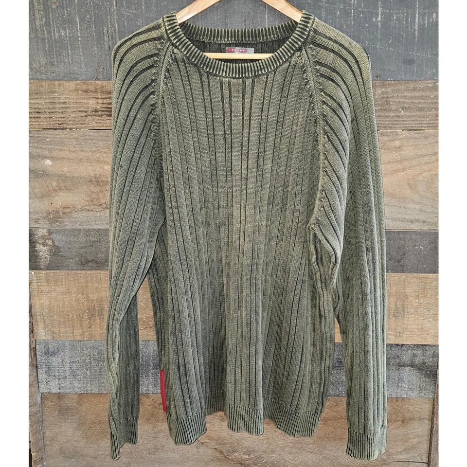 Prada Olive Green Sweater Ribbed Knit Crewneck Grunge Mens 56 XXL Designer 90s - Image 1 of 4