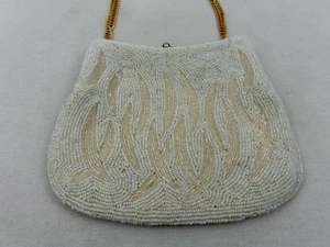 Vintage Ivory White Beaded Evening Clutch Bag Purse Goldtone Chain Made in Korea - Picture 1 of 18
