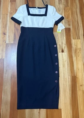 NUEVO VESTIDO DE NEGOCIOS MARINERO VINTAGE AÑOS 90 LIZ CLAIBORNE 10 AZUL CREMA BLANCO BOTÓN Foto 1 de 4