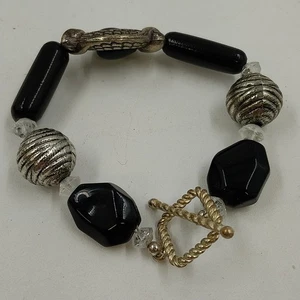Silver Tone & Black Beaded 6" Bracelet with Clear Faceted Beads & Ribbed Gold - Picture 1 of 7