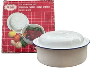 VINTAGE ROASTER 4 PINT ROUND PORCELAIN ENAMEL WITH LID SELF BASTING UNUSED - Picture 1 of 8