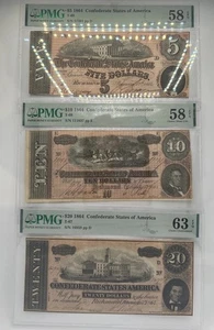 Lot of 3 Confederate States of America Notes , 1864 $20, $10, $5 , PMG Graded - Picture 1 of 8