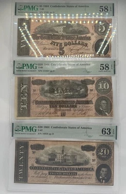 Lot of 3 Confederate States of America Notes , 1864 $20, $10, $5 , PMG Graded - Image 1 of 4