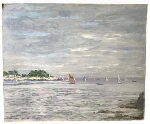 French PostImpressionism - Antique Oil Painting - Seascape Boats in Brittany - Picture 1 of 10