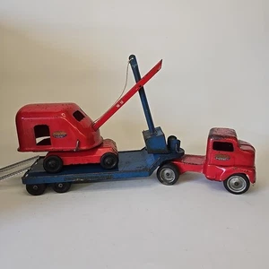 VINTAGE TONKA SEMI FLATBED LOWBOY TRAILER  & # 50 STEAM SHOVEL - Picture 1 of 8