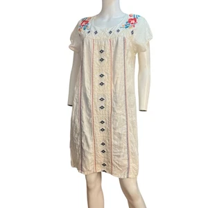Johnny Was White Linen Embroidered Short Sleeve Shift Dress Size Large - Picture 1 of 8