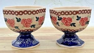Polish Pottery Dessert Bowls Set of 2 Floral Pedestal Hand Painted Boleslawiec - Picture 1 of 13