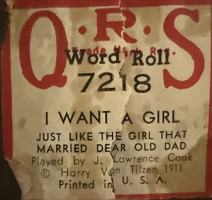 Vintage QRS Player Piano Roll Word Roll 7218 I Want A Girl (Just Like The Girl) - Picture 1 of 4