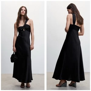 NWT Mango Leandra Asymmetrical Black Satin Maxi Dress Small One Shoulder Gown - Picture 1 of 12