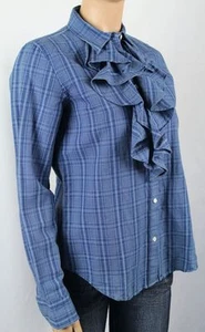 Ralph Lauren Hemdbluse blau Leinen kariert Rüschen Größe Medium neu mit Etikett - Bild 1 von 1