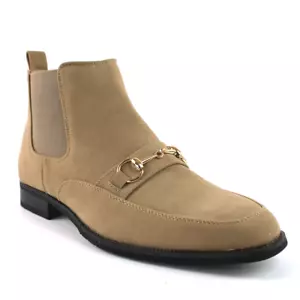 Tan/Beige Suede Men's Chelsea Boots With Gold Buckle Side Zipper Closure BY AZAR - Picture 1 of 5