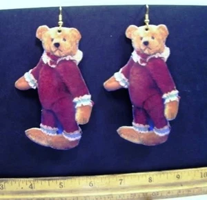 Teddy Bear Jesters * Whimsical PAPER Decoupage Earrings * Burgundy Handmade 1993 - Picture 1 of 12