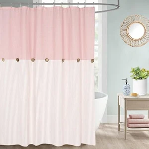 72x72" Farmhouse Pink Stripe Shower Curtain Beige Button Cotton Blend Fabric - Picture 1 of 6