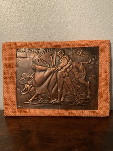 VTG MCM Handmade Spanish bullfighter bronze plaque over Burlap material Cover