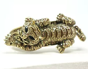 Vintage Tiger Bracelet CN Bangle Figural Hinged Pave Stones Goldtone Enamel Cat - Picture 1 of 9