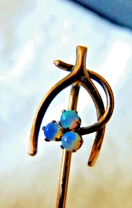 Antique 14K Yellow Gold Stickpin  Vintage Stick Pin 3 Tiny Opals Wishbone - Picture 1 of 5