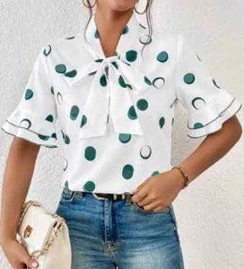 Pussybow Short Sleeve White Green Polka Blouse. 40"/42" bust. Size 14/16 UK New. - Picture 1 of 5