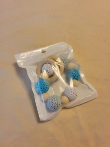 Alexia Baby Infant Crochet Wood Teether Turquoise Gray White Teething Ring - Picture 1 of 1