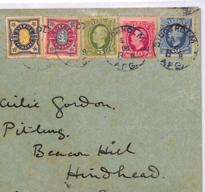 SWEDEN Cover 5-COLOUR FRANKING Stockholm 1908 GB Surrey Hindhead {samwells}YX140 - Picture 1 of 9
