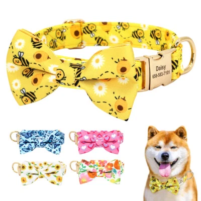 Cute Bow Tie Dog Collar Custom Personalized Pet Name Number Engraved Adjustable - Image 1 of 4