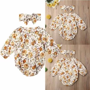 Newborn Baby Girls Long Sleeve Romper Tops Headband Outfit Jumpsuit Clothes Set - Picture 1 of 8