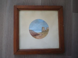 DESSIN MINIATURE RONDE AQUARELLE CLERC 1876 PAYSAGE MONTAGNE LAC DECO XIX°s - Imagen 1 de 1