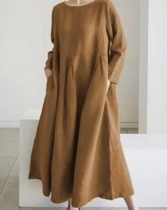 Rehbraunes Leinen Baumwolle Slip on Oversize Landhaus Kleid Dress Braun 42 44 - Bild 1 von 2