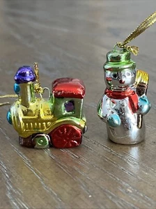 VTG Set Of 2 Train Snowman Hand Painted Metallic Ceramic Christmas Ornament 1.5” - Picture 1 of 9