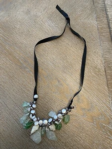 Multi Color Glass Bead Charm Pearl Shells Necklace with Ribbon Handmade 37” - Picture 1 of 3
