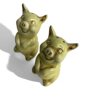 Pig Salt and Pepper Shakers VTg Yellow Gold Mid Century 3" High - Picture 1 of 5