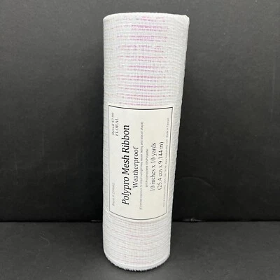 Hobby Lobby Polypro Mesh Ribbon Weatherproof 10"x30 ft White W/ Pink Streamers - Image 1 of 4