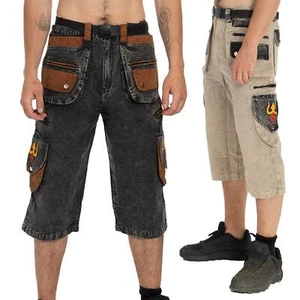Mens Goa Stonewash Festival Shorts, Long Cargo Festival Hippy Board Pants - Picture 1 of 23